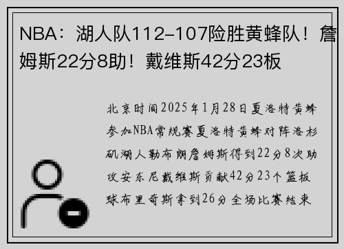 NBA：湖人队112-107险胜黄蜂队！詹姆斯22分8助！戴维斯42分23板