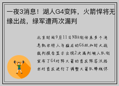 一夜3消息！湖人G4变阵，火箭悍将无缘出战，绿军遭两次漏判