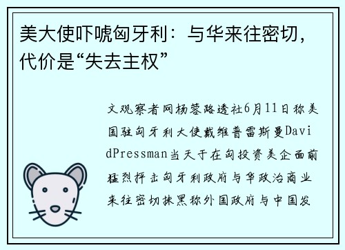 美大使吓唬匈牙利：与华来往密切，代价是“失去主权”